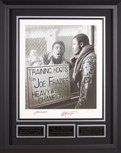 Load image into Gallery viewer, Black and White Photo of Muhammad Ali taunting Joe Frazier at Training Headquarters - Signed
