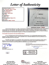 Load image into Gallery viewer, Marilyn Monroe Red Dress Chanel No 5 Photo with a JSA Authenticated Signed Menu