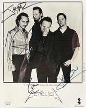 Load image into Gallery viewer, Metallica with Guitar and JSA Authenticated Multi-Signed B&amp;W Photo
