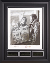 Load image into Gallery viewer, Black and White Photo of Muhammad Ali taunting Joe Frazier at Training Headquarters - Signed
