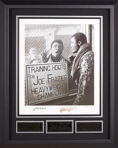 Black and White Photo of Muhammad Ali taunting Joe Frazier at Training Headquarters - Signed