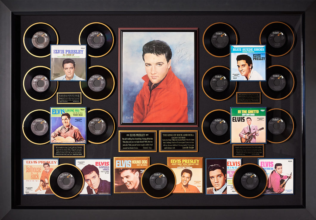 Elvis Presley Signed Painting with 15 Top Hits Vinyl 45s and Sleeves
