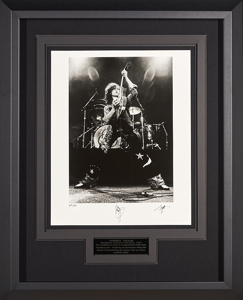 Jimmy Page Performing with Led Zepellin in Madison Square Gardens in 1975 B&W Giclée Signed