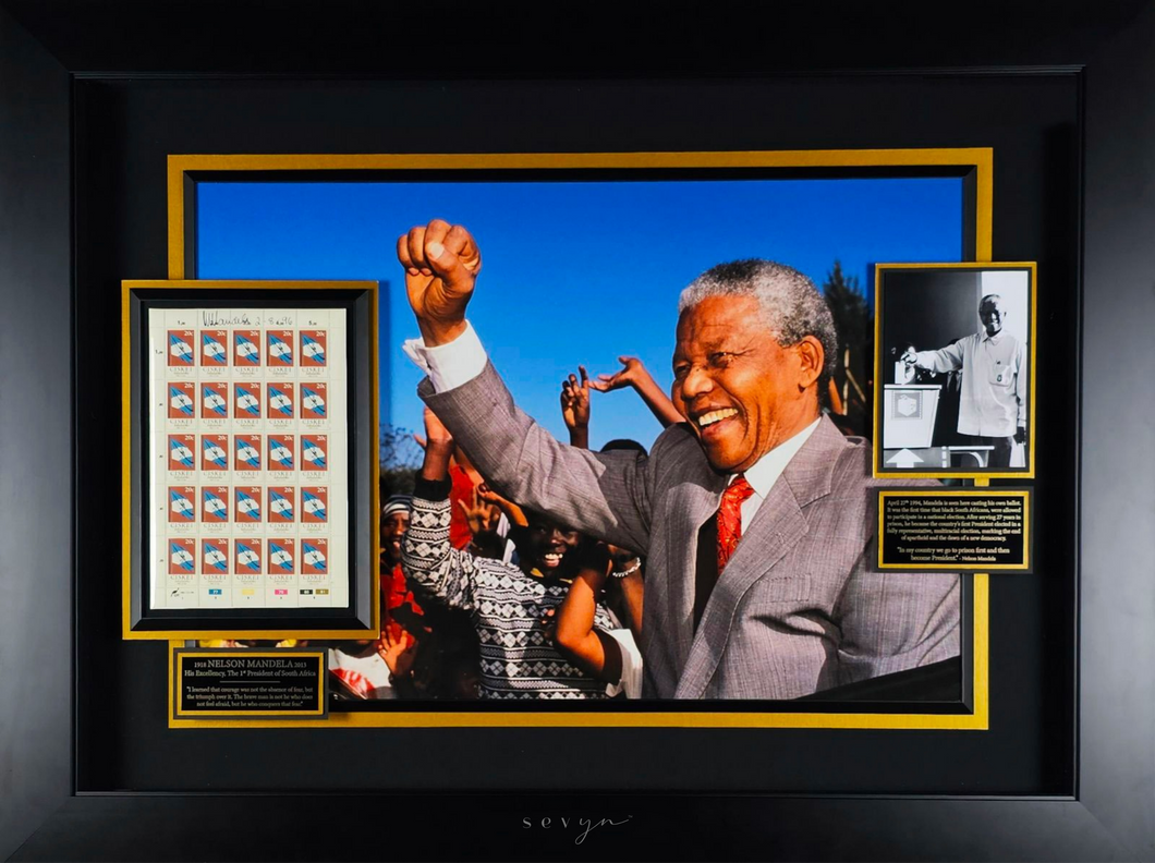 Nelson Mandela Signed Commemorative Stamp Sheet Display