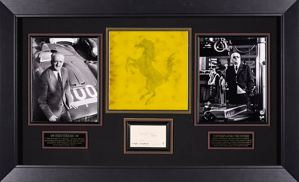 Enzo Ferrari with Signed post card and tile from his office wall. Both Authenticated