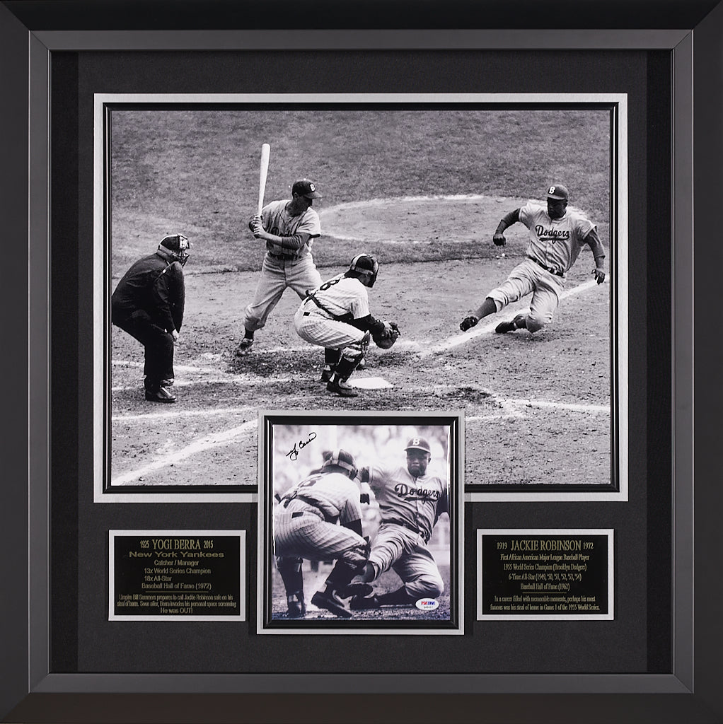 Yogi Berra PSA Authenticated signed Photo showing Yogi Striking out Jackie Robinson