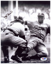 Load image into Gallery viewer, Yogi Berra PSA Authenticated signed Photo showing Yogi Striking out Jackie Robinson
