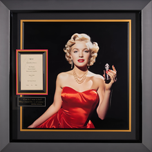 Load image into Gallery viewer, Marilyn Monroe Red Dress Chanel No 5 Photo with a JSA Authenticated Signed Menu
