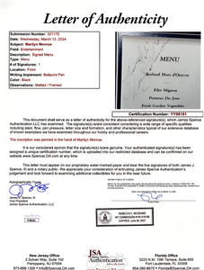Marilyn Monroe Red Dress Chanel No 5 Photo with a JSA Authenticated Signed Menu