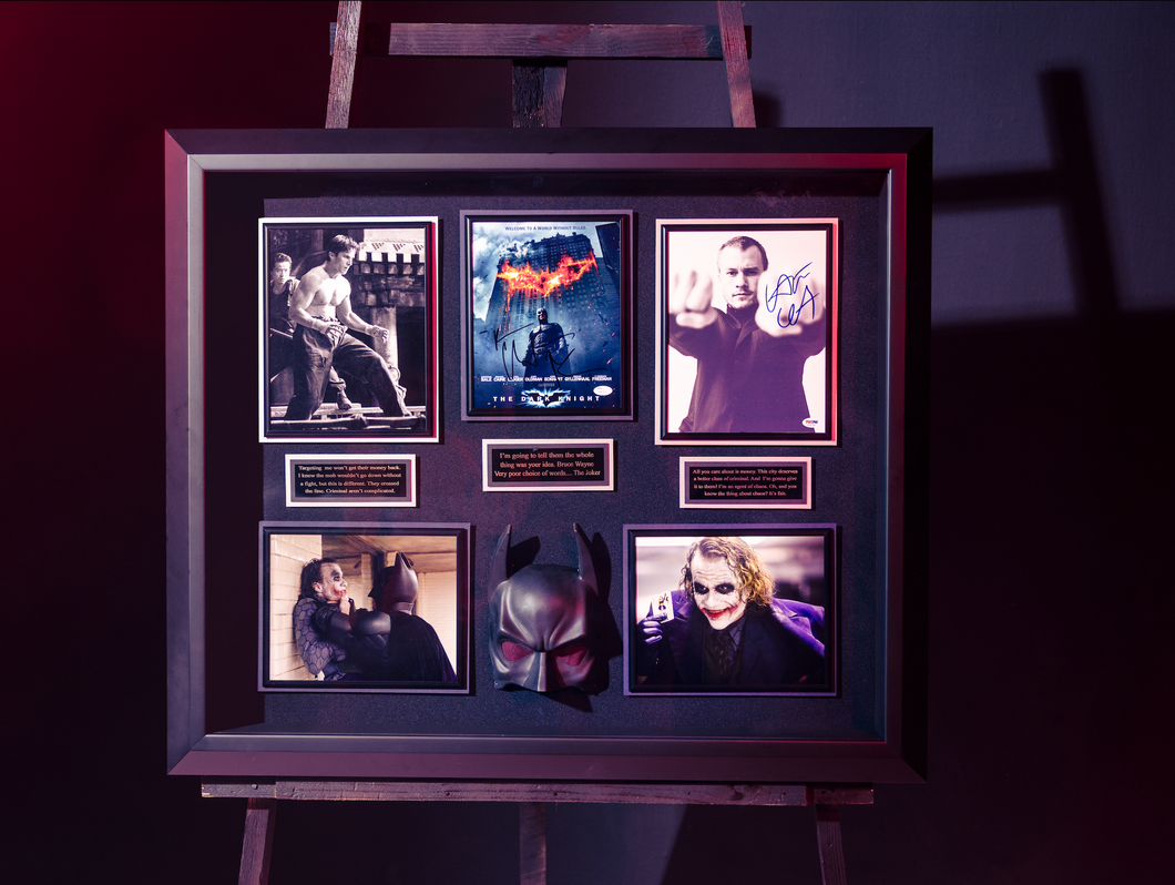Batman & Joker : Christian Bale and Heath Ledger Signed Display With Mask Prop
