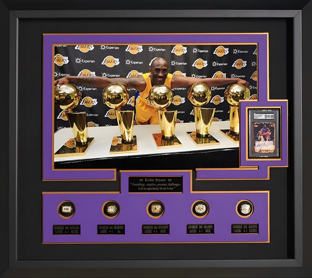 Kobe Bryant Autographed card with replica NBA Championship Rings