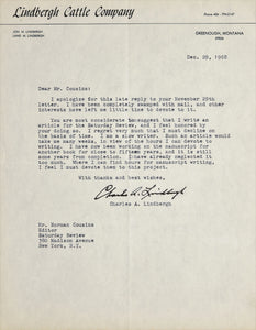 Charles Augustus Lindbergh Signed Letter Display 45x27 JSA Authentication "Lucky Lindy"