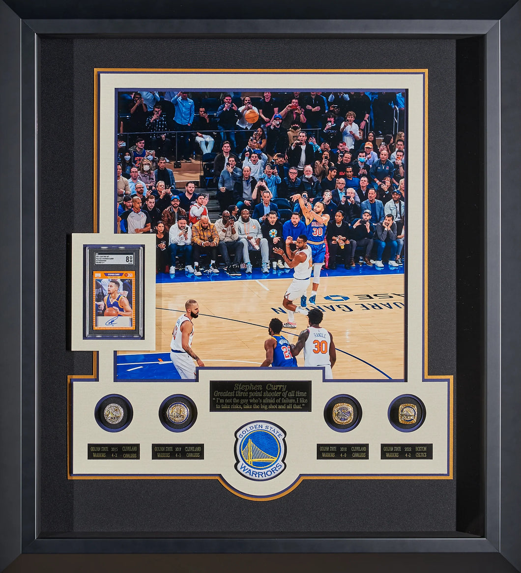 Signed Stephen Curry Card With NBA Replica Championship Rings