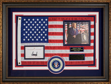 Load image into Gallery viewer, Donald Trump with a cloth America Flag and JSA Authenticated Signature
