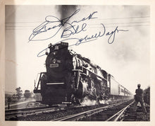 Load image into Gallery viewer, John Wayne with Replica Rifle and Wrangling Rope with photo on horse with JSA Authenticated signature on Golden Spike Centennial Limited Train Photo
