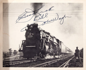 John Wayne with Replica Rifle and Wrangling Rope with photo on horse with JSA Authenticated signature on Golden Spike Centennial Limited Train Photo