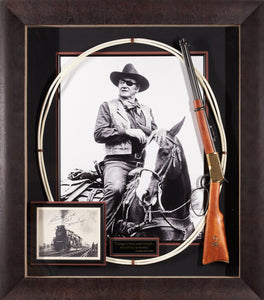 John Wayne with Replica Rifle and Wrangling Rope with photo on horse with JSA Authenticated signature on Golden Spike Centennial Limited Train Photo