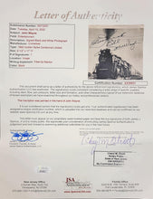 Load image into Gallery viewer, John Wayne with Replica Rifle and Wrangling Rope with photo on horse with JSA Authenticated signature on Golden Spike Centennial Limited Train Photo
