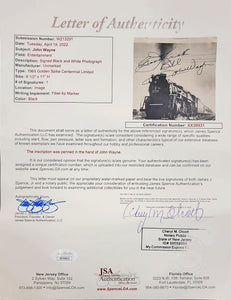 John Wayne with Replica Rifle and Wrangling Rope with photo on horse with JSA Authenticated signature on Golden Spike Centennial Limited Train Photo