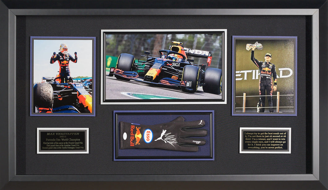 F1 2X World Champion Max Verstappen Display with signed RedBull Racing Glove