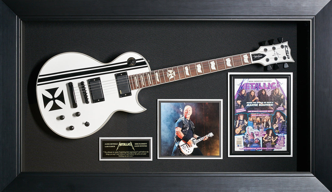 Metallica White ESP Iron Cross Guitar with Becket Authenticated Signed Metallica Magazine Cover